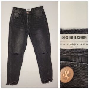 One Teaspoon Sz 27 Jeans Straight Trucker Mid Rise Fray Button Fly 90s Y2K